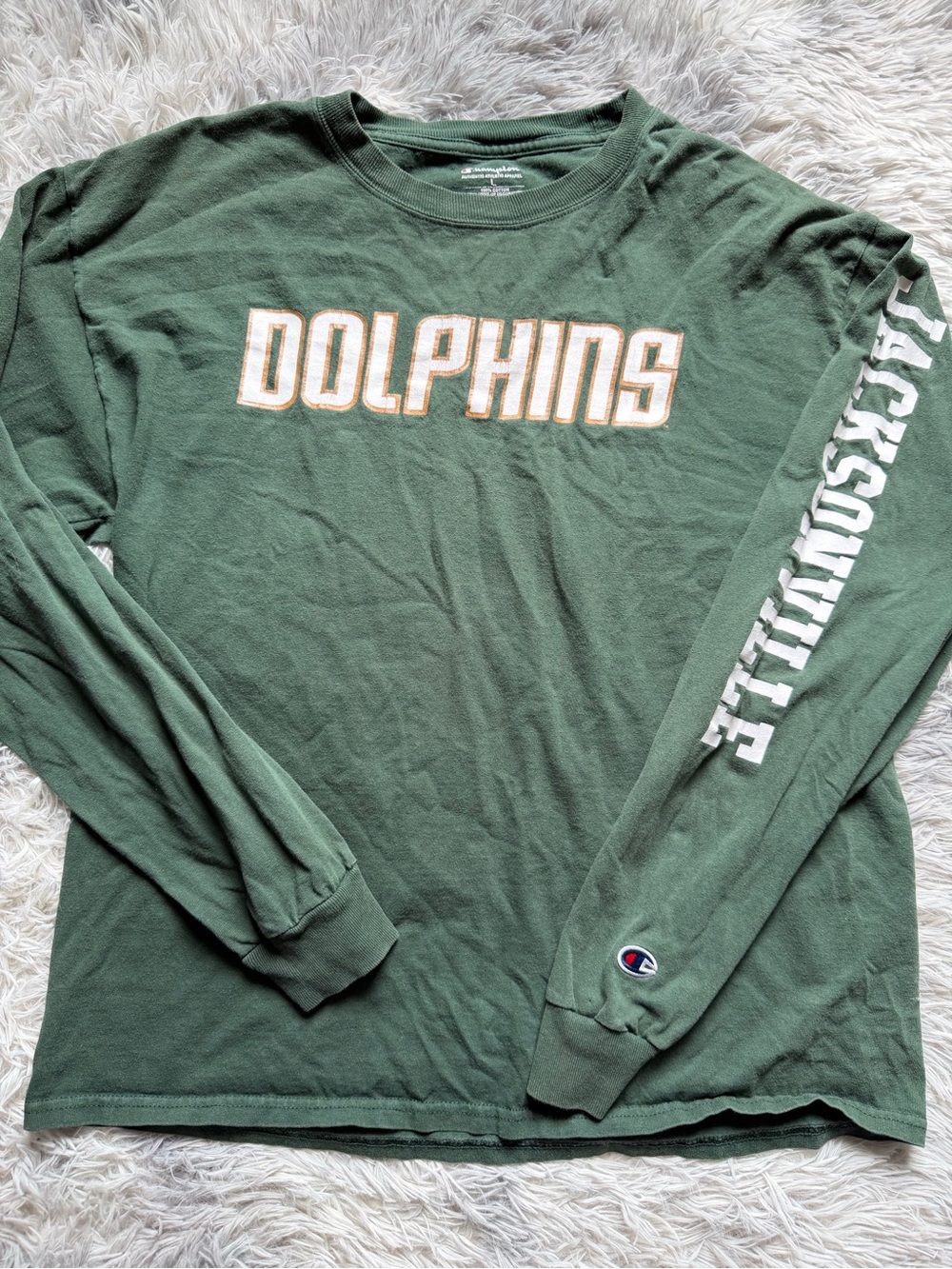 Champion Forest Green Long Sleeve Tee with White and Tan Lettering